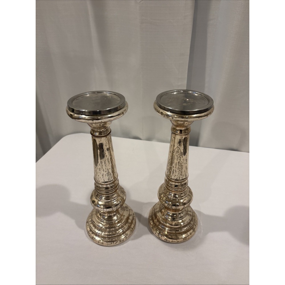 Mercury Glass Candlesticks Gold Silver Holders 12" Pair‎ Retro Boho Glam India